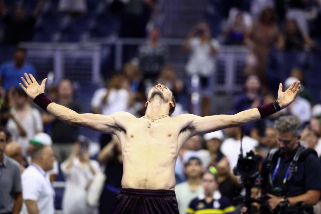 Germany's Alexander Zverev celebrates after victory during the men's singles second round tennis match against France's Quentin Halys on day five of the US Open tennis tournament at the USTA Billie Jean King National Tennis Center in New York City on September 3, 2026. (Photo by CHARLY TRIBALLEAU / AFP)
