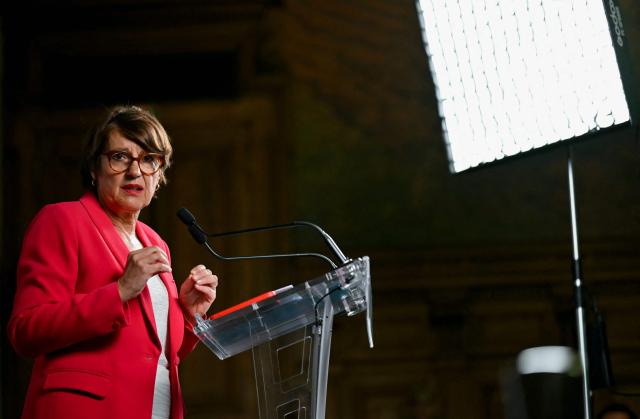 France's Agriculture Minister Annie Genevard gives a press conference to announce the "Climate, Adaptation, Drought and Fires" plan, a national plan with support measures for the agricultural sector to help it cope with heatwaves and drought, at the Agriculture Ministry in Paris on September 4, 2026. (Photo by LOU BENOIST / AFP)