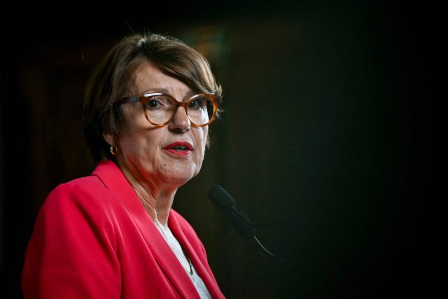 France's Agriculture Minister Annie Genevard gives a press conference to announce the "Climate, Adaptation, Drought and Fires" plan, a national plan with support measures for the agricultural sector to help it cope with heatwaves and drought, at the Agriculture Ministry in Paris on September 4, 2026. (Photo by LOU BENOIST / AFP)
