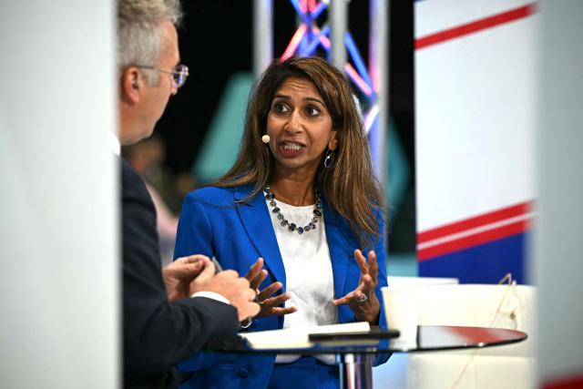 Reform UK's shadow Education, Skills and Equality Secretary Suella Braverman speaks during an interview with GB News on the second day of the annual Reform UK party conference at the NEC in Birmingham, central England on September 4, 2026. (Photo by Paul ELLIS / AFP)