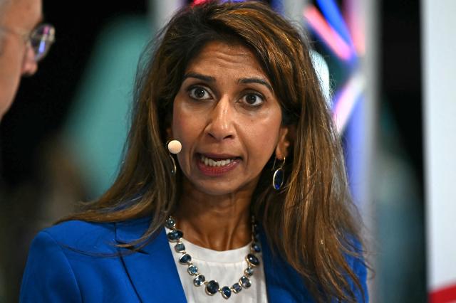Reform UK's shadow Education, Skills and Equality Secretary Suella Braverman speaks during an interview with GB News on the second day of the annual Reform UK party conference at the NEC in Birmingham, central England on September 4, 2026. (Photo by Paul ELLIS / AFP)