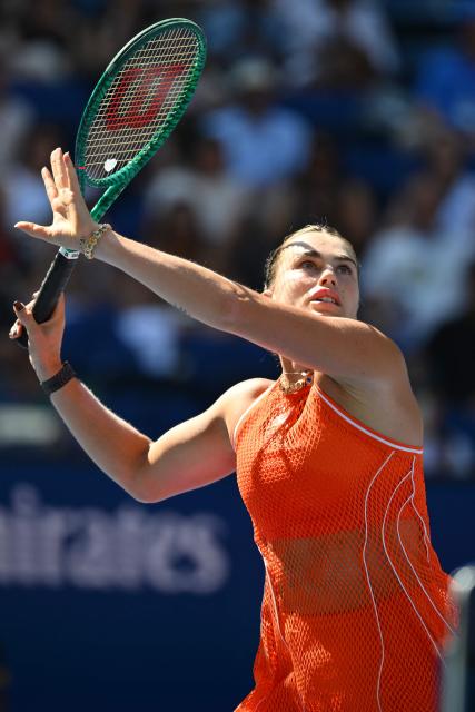 Belarus's Aryna Sabalenka serves to Uzbekistan's Kamilla Rakhimova during their women's singles third round tennis match on day six of the US Open tennis tournament at the USTA Billie Jean King National Tennis Center in New York City on September 4, 2026. (Photo by ANGELA WEISS / AFP)