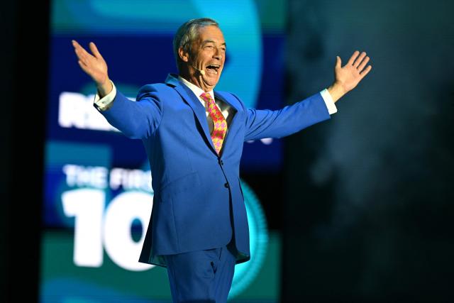 Reform UK Leader Nigel Farage reacts before delivering a speech at the end of the second day of the annual Reform UK party conference at the NEC in Birmingham, central England on September 4, 2026. (Photo by Oli SCARFF / AFP)