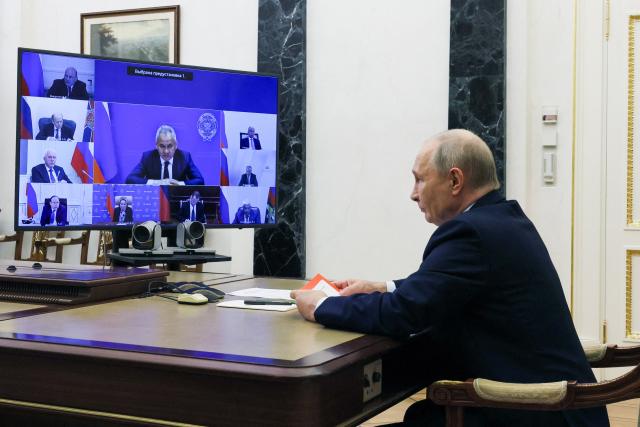 In this pool photograph distributed by the Russian state agency Sputnik, Russia's President Vladimir Putin holds a meeting of Russia's Security Council in Moscow on September 4, 2026. (Photo by Mikhail METZEL / POOL / AFP)