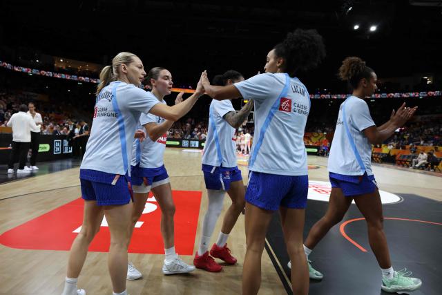 France player are pictured prior to the 2026 FIBA Women's Basketball World Cup Group B match between Hungary and France at the Berlin Arena in Berlin on September 4, 2026. (Photo by Odd ANDERSEN / AFP)
