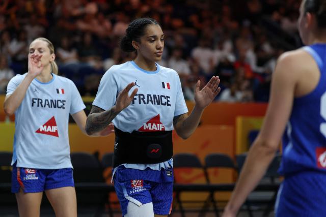 France's forward #15 Gabby Williams is pictured during the break in the 2026 FIBA Women's Basketball World Cup Group B match between Hungary and France at the Berlin Arena in Berlin on September 4, 2026. (Photo by Odd ANDERSEN / AFP)