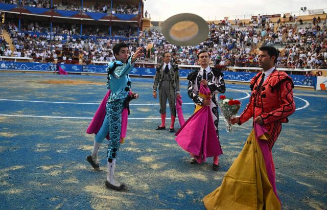 Spanish matador Marco Perez throws a hat after a bullfight at Marcel Dangou arena, in Bayonne, southwestern France, on September 04, 2026. (Photo by Gaizka IROZ / AFP)