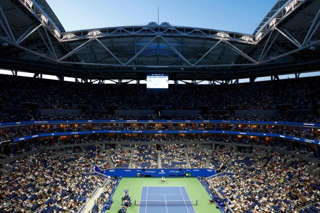 USA's Serena Williams and Venus Williams stand ready to play during their women's doubles first-round tennis match against Australia's Maya Joint and Taiwan's Chan Hao-ching on day six of the US Open tennis tournament at the USTA Billie Jean King National Tennis Center in New York City on September 4, 2026. (Photo by kena betancur / AFP)