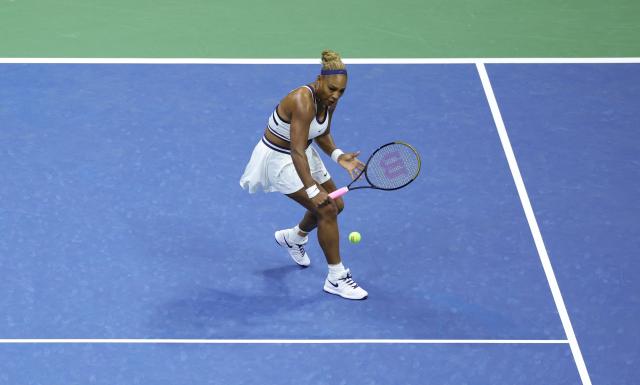 USA's Serena Williams hits a return during the women's doubles first-round tennis match, playing alongside her sister Venus Williams, against Australia's Maya Joint and Taiwan's Chan Hao-ching on day six of the US Open tennis tournament at the USTA Billie Jean King National Tennis Center in New York City on September 4, 2026. (Photo by KENA BETANCUR / AFP)