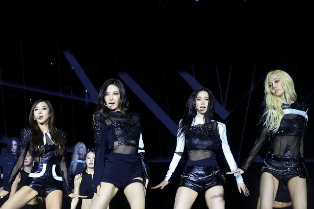 South Korean K-pop girl group aespa perform during the LIVE TOUR - SYNK : COMPLæXITY at Mercado Livre Arena (Pacaembu Stadium) in Sao Paulo, Brazil, on September 4, 2026. (Photo by Miguel SCHINCARIOL / AFP)