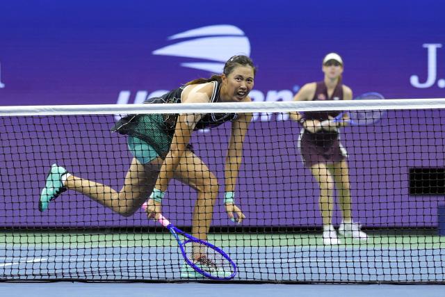 Taiwan's Chan Hao-ching (L), playing alongside Australia's Maya Joint, hits a return to USA's Serena Williams and Venus Williams during their women's doubles first-round tennis match on day six of the US Open tennis tournament at the USTA Billie Jean King National Tennis Center in New York City on September 4, 2026. (Photo by KENA BETANCUR / AFP)