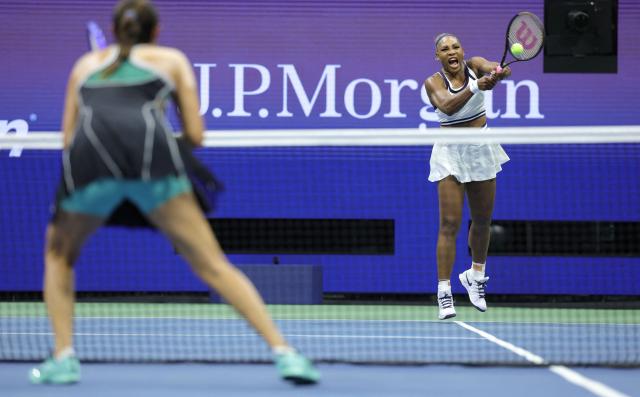 USA's Serena Williams hits a return during the women's doubles first-round tennis match, playing alongside her sister Venus Williams, against Australia's Maya Joint and Taiwan's Chan Hao-ching (L) on day six of the US Open tennis tournament at the USTA Billie Jean King National Tennis Center in New York City on September 4, 2026. (Photo by KENA BETANCUR / AFP)