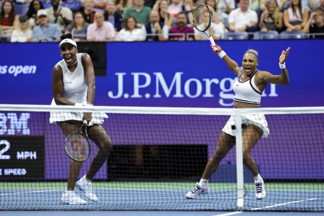 USA's Serena Williams (R), playing alongside her sister Venus Williams, hits a return to Taiwan's Chan Hao-ching and Australia's Maya Joint during their women's doubles first-round tennis match on day six of the US Open tennis tournament at the USTA Billie Jean King National Tennis Center in New York City on September 4, 2026. (Photo by KENA BETANCUR / AFP)