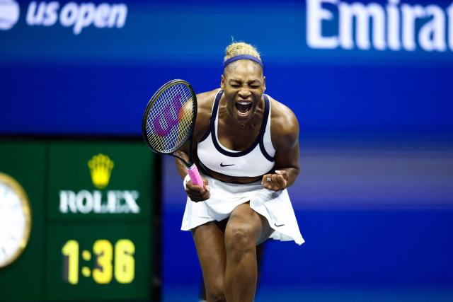 USA's Serena Williams reacts to a point during the women's doubles first-round tennis match, playing alongside her sister Venus Williams, against Australia's Maya Joint and Taiwan's Chan Hao-ching on day six of the US Open tennis tournament at the USTA Billie Jean King National Tennis Center in New York City on September 4, 2026. (Photo by CHARLY TRIBALLEAU / AFP)