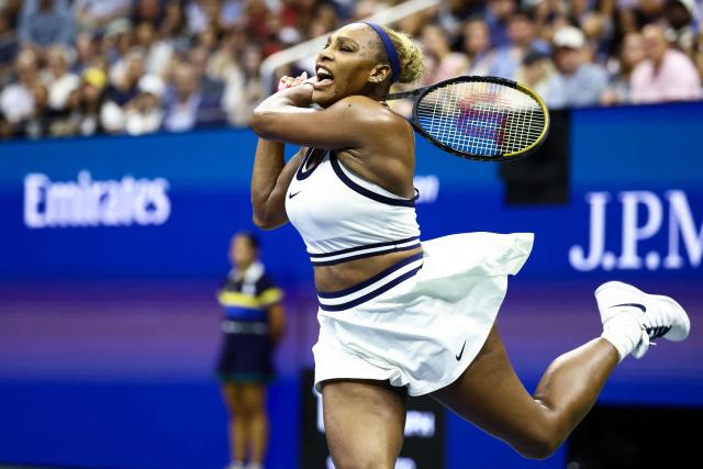 USA's Serena Williams hits a return during the women's doubles first-round tennis match, playing alongside her sister Venus Williams, against Australia's Maya Joint and Taiwan's Chan Hao-ching on day six of the US Open tennis tournament at the USTA Billie Jean King National Tennis Center in New York City on September 4, 2026. (Photo by CHARLY TRIBALLEAU / AFP)