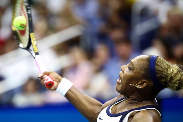 USA's Serena Williams hits a return during the women's doubles first-round tennis match, playing alongside her sister Venus Williams, against Australia's Maya Joint and Taiwan's Chan Hao-ching on day six of the US Open tennis tournament at the USTA Billie Jean King National Tennis Center in New York City on September 4, 2026. (Photo by CHARLY TRIBALLEAU / AFP)