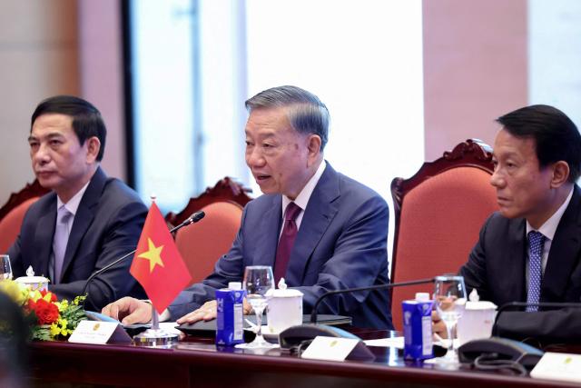 Vietnam's President To Lam (C) attends a meeting with Myanmar's President Min Aung Hlaing at the National Assembly House in Hanoi September 5, 2026. (Photo by Quang Nguyen / AFP)
