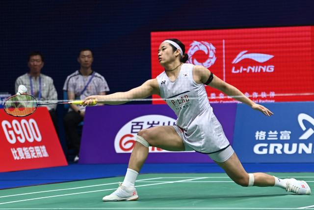 South Korea's An Se-young hits a return to Japan's Akane Yamaguchi during their women's singles semi-final match at the 2026 China Masters badminton tournament in Shenzhen, southern China's Guangdong province on September 5, 2026. (Photo by CN-STR / AFP) / China OUT