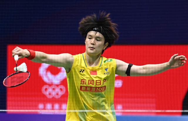 China's Wang Zhiyi hits a return to Japan's Tomoka Miyazaki during their women's singles semi-final match at the 2026 China Masters badminton tournament in Shenzhen, southern China's Guangdong province on September 5, 2026. (Photo by CN-STR / AFP) / China OUT