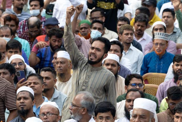 An opposition alliance member shouts slogans in Dhaka on September 5, 2026, during a march bound for Chittagong to protest gas, electricity and fertiliser crisis amid the Middle East war and to demand implementation of the July Charter. Amid an acute crisis of gas, electricity and fertiliser, thousands of members of Bangladesh’s opposition alliance launched a long march on September 5, marking the first major political movement since the Bangladesh Nationalist Party (BNP)-led government assumed office six months ago. (Photo by ABDUL GONI / AFP)