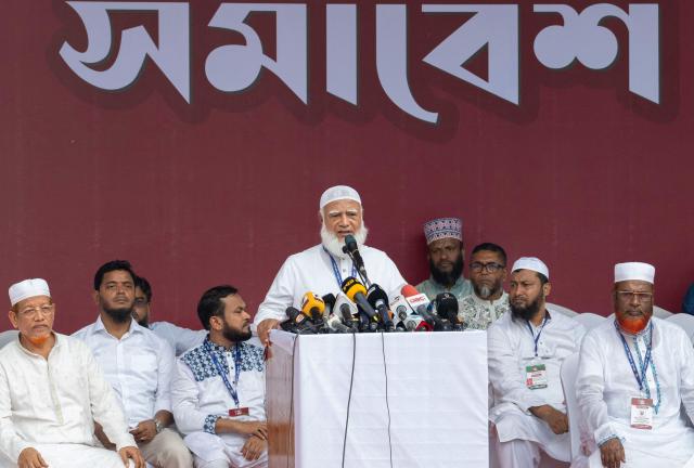 Bangladesh’s Jamaat-e-Islami party leader Shafiqur Rahman addresses an opposition alliance gathering in Dhaka on September 5, 2026, during a march bound for Chittagong to protest gas, electricity and fertiliser crisis amid the Middle East war and to demand implementation of the July Charter. Amid an acute crisis of gas, electricity and fertiliser, thousands of members of Bangladesh’s opposition alliance launched a long march on September 5, marking the first major political movement since the Bangladesh Nationalist Party (BNP)-led government assumed office six months ago. (Photo by ABDUL GONI / AFP)