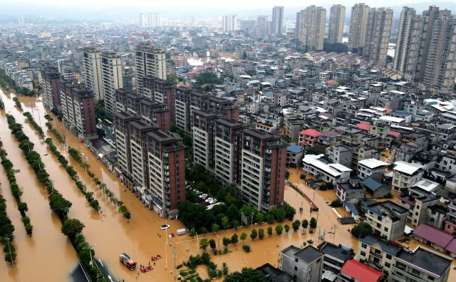 An aerial picture shows floods in Suichuan, Central China's Jiangxi province on September 4, 2026. (Photo by CN-STR / AFP) / China OUT