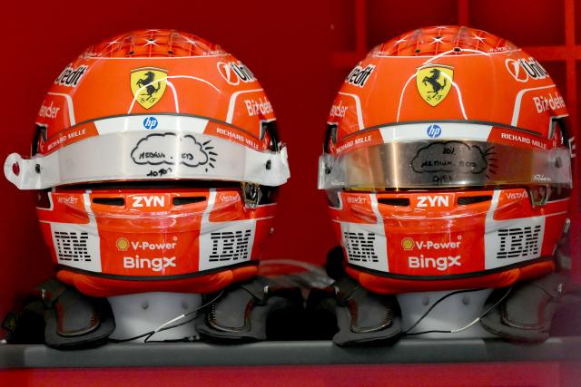 This photograph shows Ferrari's Monegasque driver Charles Leclerc's special all-red tribute helmet dedicated to German former Formula One champion Michael Schumacher ahead of the third practice session of the Italian Formula One Grand Prix at the Autodromo Nazionale Monza circuit in Monza, northern Italy on September 5, 2026. (Photo by Marco BERTORELLO / AFP)