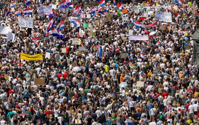 Protesters gather on Ban Jelacic Square during a demonstration to demand action over the illegal dumping of hazardous waste in Croatia's Lika region, in Zagreb, on September 7, 2026. Thousands rallied in Zagreb seeking an immediate cleanup of thousands of tonnes of hazardous waste still unrecovered after years of illegal dumping in one of the country's most pristine regions, and to demand accountability for those responsible. (Photo by MARKO PERKOV / AFP)