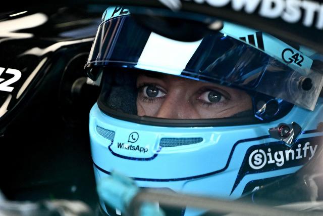 Mercedes' British driver George Russell sits in his car in the pits during the third practice session of the Italian Formula One Grand Prix at the Autodromo Nazionale Monza circuit in Monza, northern Italy on September 5, 2026. (Photo by Marco BERTORELLO / AFP)