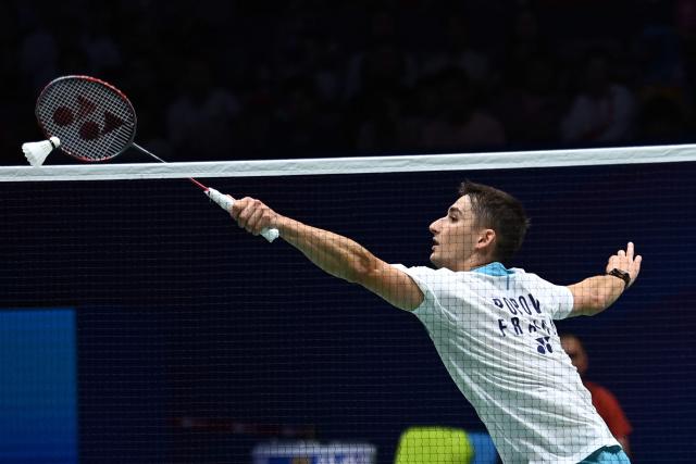 France's Christo Popov hits a return to Hong Kong's Lee Cheuk Yiu during their men's singles semi-final match at the 2026 China Masters badminton tournament in Shenzhen, southern China's Guangdong province on September 5, 2026. (Photo by CN-STR / AFP) / China OUT