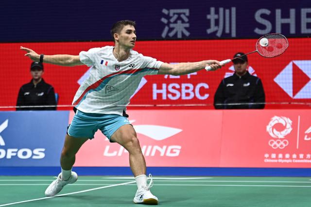 France's Christo Popov hits a return to Hong Kong's Lee Cheuk Yiu during their men's singles semi-final match at the 2026 China Masters badminton tournament in Shenzhen, southern China's Guangdong province on September 5, 2026. (Photo by CN-STR / AFP) / China OUT