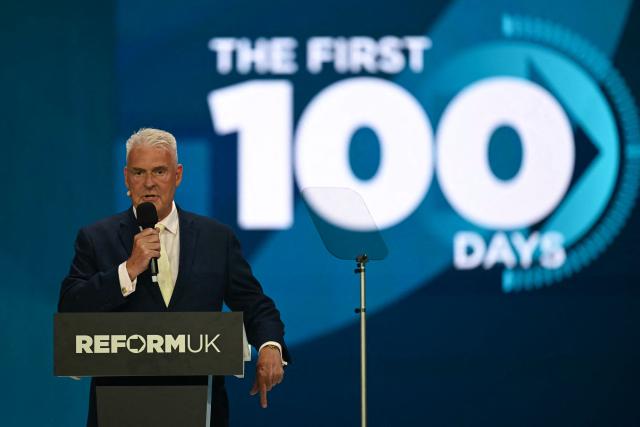 Reform UK Chairman and Chief Whip Lee Anderson delivers a speech on the third day of the annual Reform UK party conference at the NEC in Birmingham, central England on September 5, 2026. (Photo by Paul ELLIS / AFP)