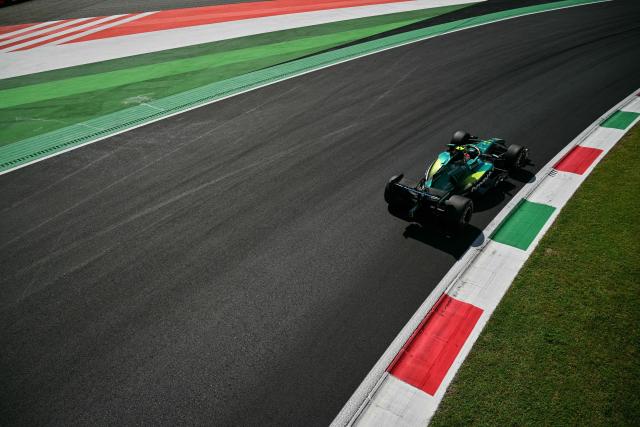 Aston Martin's Spanish driver Fernando Alonso drives during the third practice session of the Italian Formula One Grand Prix at the Autodromo Nazionale Monza circuit in Monza, northern Italy on September 5, 2026. (Photo by Andrej ISAKOVIC / AFP)