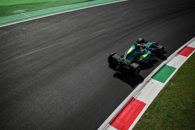 Aston Martin's Spanish driver Fernando Alonso drives during the third practice session of the Italian Formula One Grand Prix at the Autodromo Nazionale Monza circuit in Monza, northern Italy on September 5, 2026. (Photo by Andrej ISAKOVIC / AFP)