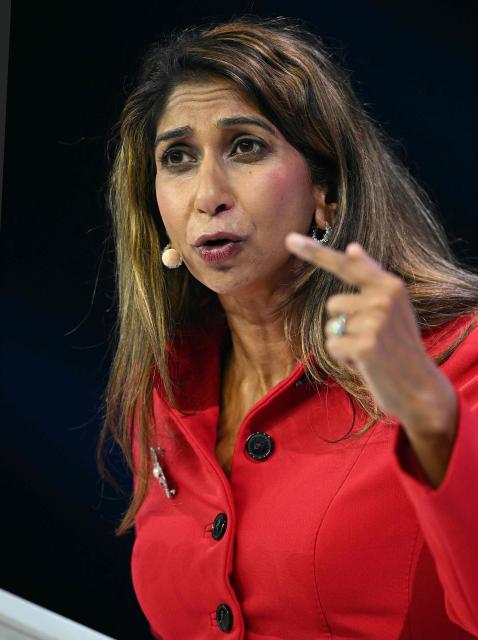 Reform UK's shadow Education, Skills and Equality Secretary Suella Braverman addresses delegates on the third day of the annual Reform UK party conference at the NEC in Birmingham, central England on September 5, 2026. (Photo by Oli SCARFF / AFP)