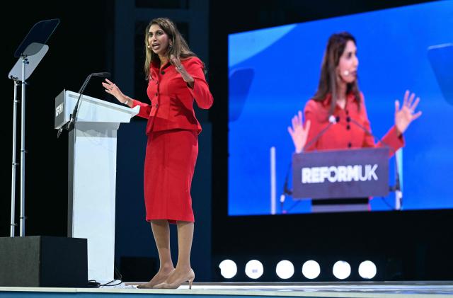 Reform UK's shadow Education, Skills and Equality Secretary Suella Braverman addresses delegates on the third day of the annual Reform UK party conference at the NEC in Birmingham, central England on September 5, 2026. (Photo by Oli SCARFF / AFP)