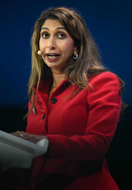 Reform UK's shadow Education, Skills and Equality Secretary Suella Braverman addresses delegates on the third day of the annual Reform UK party conference at the NEC in Birmingham, central England on September 5, 2026. (Photo by Oli SCARFF / AFP)