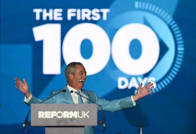 Reform UK Leader Nigel Farage reacts as he arrives to address delegates on the third day of the annual Reform UK party conference at the NEC in Birmingham, central England on September 5, 2026. (Photo by Paul ELLIS / AFP)