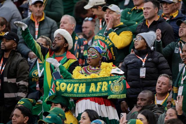 South African supporters react during the third Rugby's Greatest Rivalry international rugby union match between South Africa and New Zealand at the FNB Stadium in Johannesburg, on September 5, 2026. (Photo by PHILL MAGAKOE / AFP)