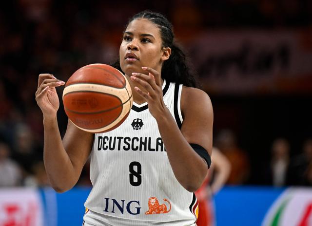 Germany's power forward #08 Nyara Sabally plays the ball during the 2026 FIBA Women's Basketball World Cup Group A match between Germany and Japan at the Berlin Arena in Berlin on September 5, 2026. (Photo by Tobias SCHWARZ / AFP)