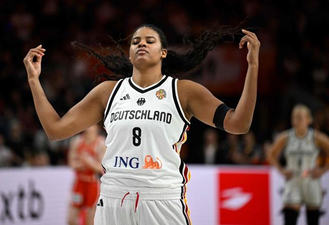Germany's power forward #08 Nyara Sabally reacts during the 2026 FIBA Women's Basketball World Cup Group A match between Germany and Japan at the Berlin Arena in Berlin on September 5, 2026. (Photo by Tobias SCHWARZ / AFP)