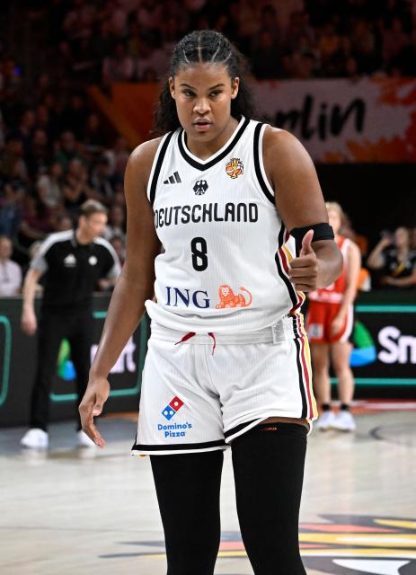 Germany's power forward #08 Nyara Sabally reacts during the 2026 FIBA Women's Basketball World Cup Group A match between Germany and Japan at the Berlin Arena in Berlin on September 5, 2026. (Photo by Tobias SCHWARZ / AFP)