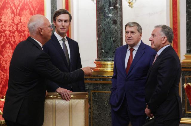 In this pool photograph distributed by the Russian state agency Sputnik, Russia's presidential envoy Kirill Dmitriev (L), US President Donald Trump's son-in-law Jared Kushner (2nd L), Kremlin foreign policy aide Yuri Ushakov (2nd R) and US Special Envoy Steve Witkoff (R) wait for their meeting with Russian president in Moscow on September 5, 2026. Russian President Vladimir Putin met with US envoys Steve Witkoff and Jared Kushner on September 5, 2026 for talks on ending more than four years of war in Ukraine. "The situation is of course not simple," Putin told the US officials in footage aired on Russian state media. (Photo by POOL / AFP) / *** Editor's note: This image is distributed by the Russian state owned agency Sputnik ***