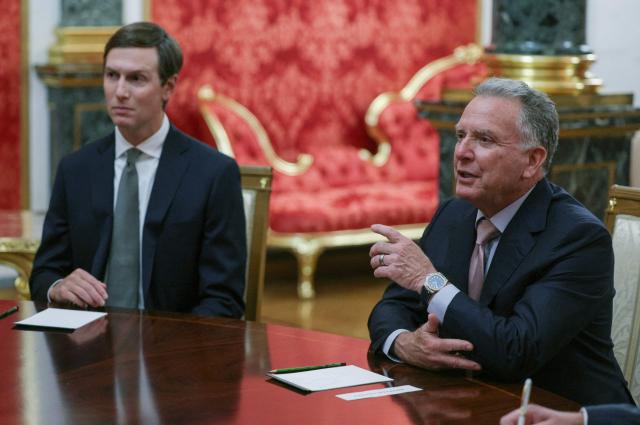 In this pool photograph distributed by the Russian state agency Sputnik, US President Donald Trump's son-in-law Jared Kushner (L) and US Special Envoy Steve Witkoff (R) attend a meeting with Russian president in Moscow on September 5, 2026. Russian President Vladimir Putin met with US envoys Steve Witkoff and Jared Kushner on September 5, 2026 for talks on ending more than four years of war in Ukraine. "The situation is of course not simple," Putin told the US officials in footage aired on Russian state media. (Photo by Gavriil GRIGOROV / POOL / AFP) / *** Editor's note: This image is distributed by the Russian state owned agency Sputnik ***