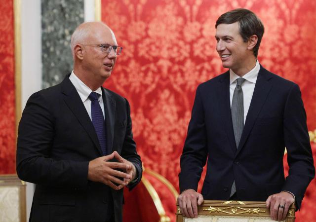 In this pool photograph distributed by the Russian state agency Sputnik, Russia's presidential envoy Kirill Dmitriev (L) speaks with US President Donald Trump's son-in-law Jared Kushner (R) prior to their meeting with Russian president in Moscow on September 5, 2026. Russian President Vladimir Putin met with US envoys Steve Witkoff and Jared Kushner on September 5, 2026 for talks on ending more than four years of war in Ukraine. "The situation is of course not simple," Putin told the US officials in footage aired on Russian state media. (Photo by Gavriil GRIGOROV / POOL / AFP) / *** Editor's note: This image is distributed by the Russian state owned agency Sputnik ***
