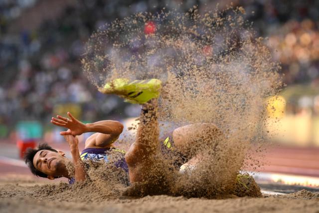 Algeria's Yasser Triki competes in the men's Triple Jump during the World Athletics Diamond League athletics meeting at the King Baudouin Stadium in Brussels, on September 5, 2026. (Photo by JOHN THYS / AFP)
