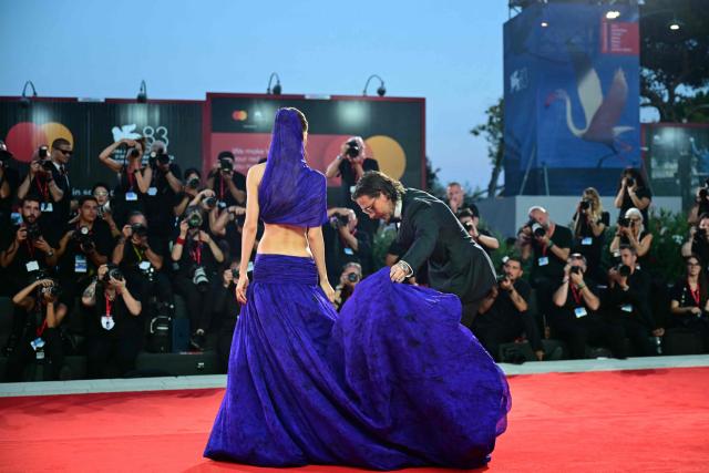 British personality Brooklyn Beckham and British model Nicola Peltz pose on the red carpet during the 83rd International Venice Film Festival, at Venice Lido on September 5, 2026. (Photo by Stefano Rellandini / AFP)