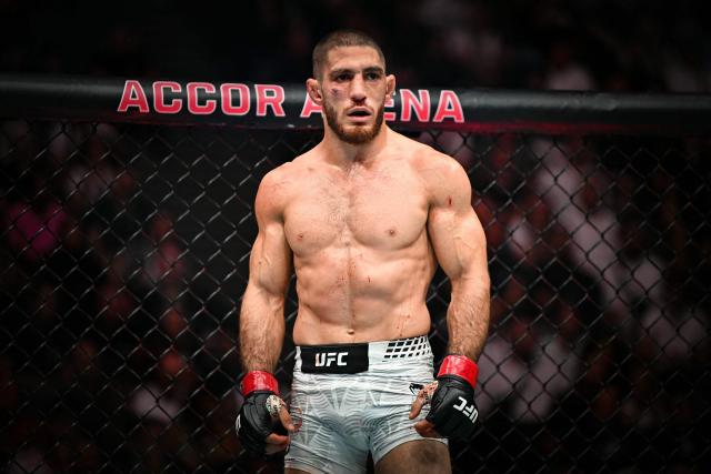 France's Michael Aljarouj looks on during his men's flyweight division mixed martial arts (MMA) bout against Spain's Fabia Sintes during at the 5th edition of the Ultimate Fighting Championship (UFC) at the Bercy Accor Arena, in Paris, on September 5, 2026. (Photo by LOU BENOIST / AFP)