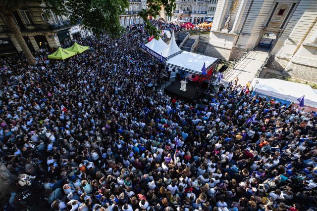 French left-wing party La France Insoumise (LFI) candidate in France’s 2027 presidential election Jean Luc Melenchon delivers a speech during a political rally on the sidelines of the Braderie de Lille flea market in Lille, northern France, on September 5, 2025. (Photo by Sameer Al-DOUMY / AFP)