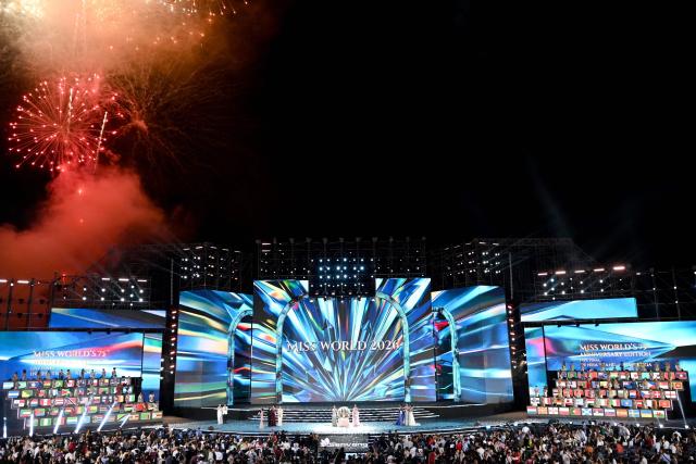 Joheirry Mola Dominguez of the Dominican Republic celebrates after winning the 75th Anniversary Miss World final  at the 2 April Square in Nha Trang , Khanh Hoa Province, on September 5, 2026. (Photo by Nhac NGUYEN / AFP)